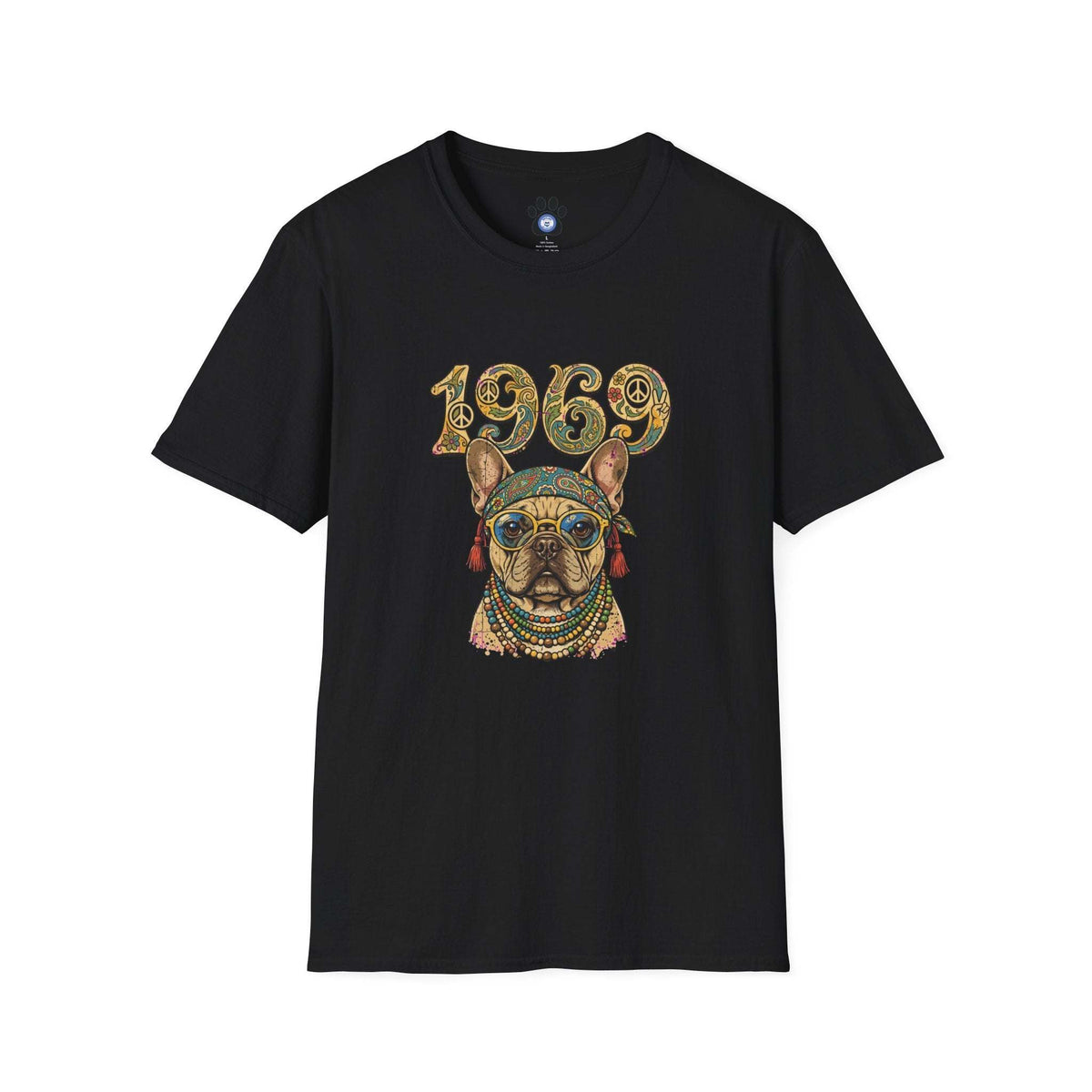 1969 hippie French Bulldog shirt with retro paisley and peace sign design