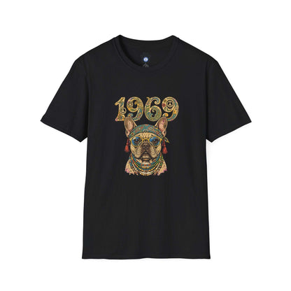 1969 hippie French Bulldog shirt with retro paisley and peace sign design