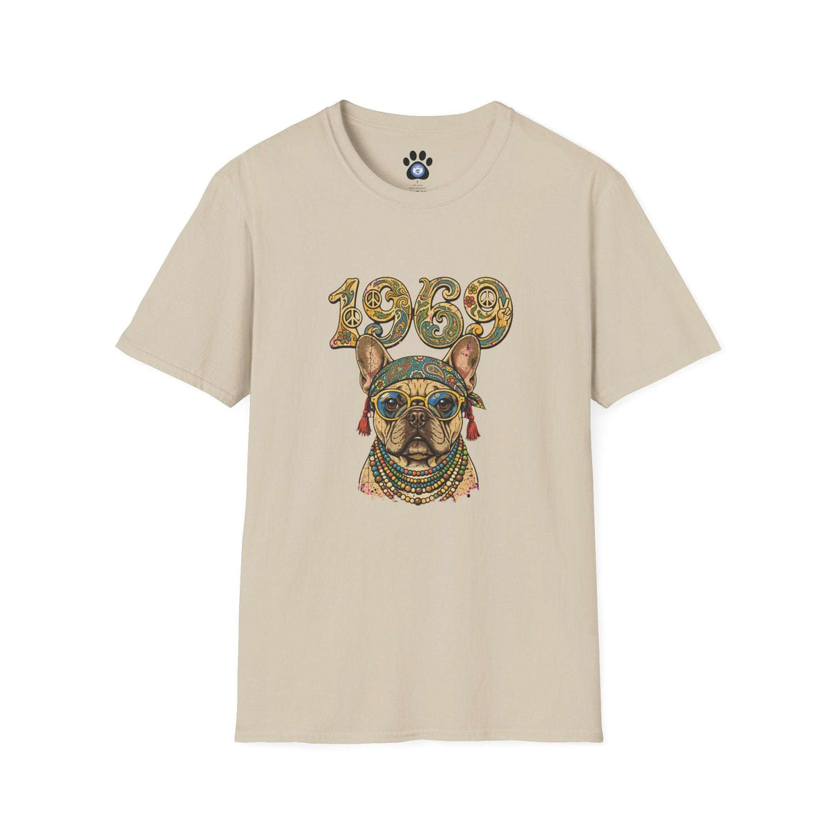 Unisex 1969 hippie French bulldog shirt with retro design