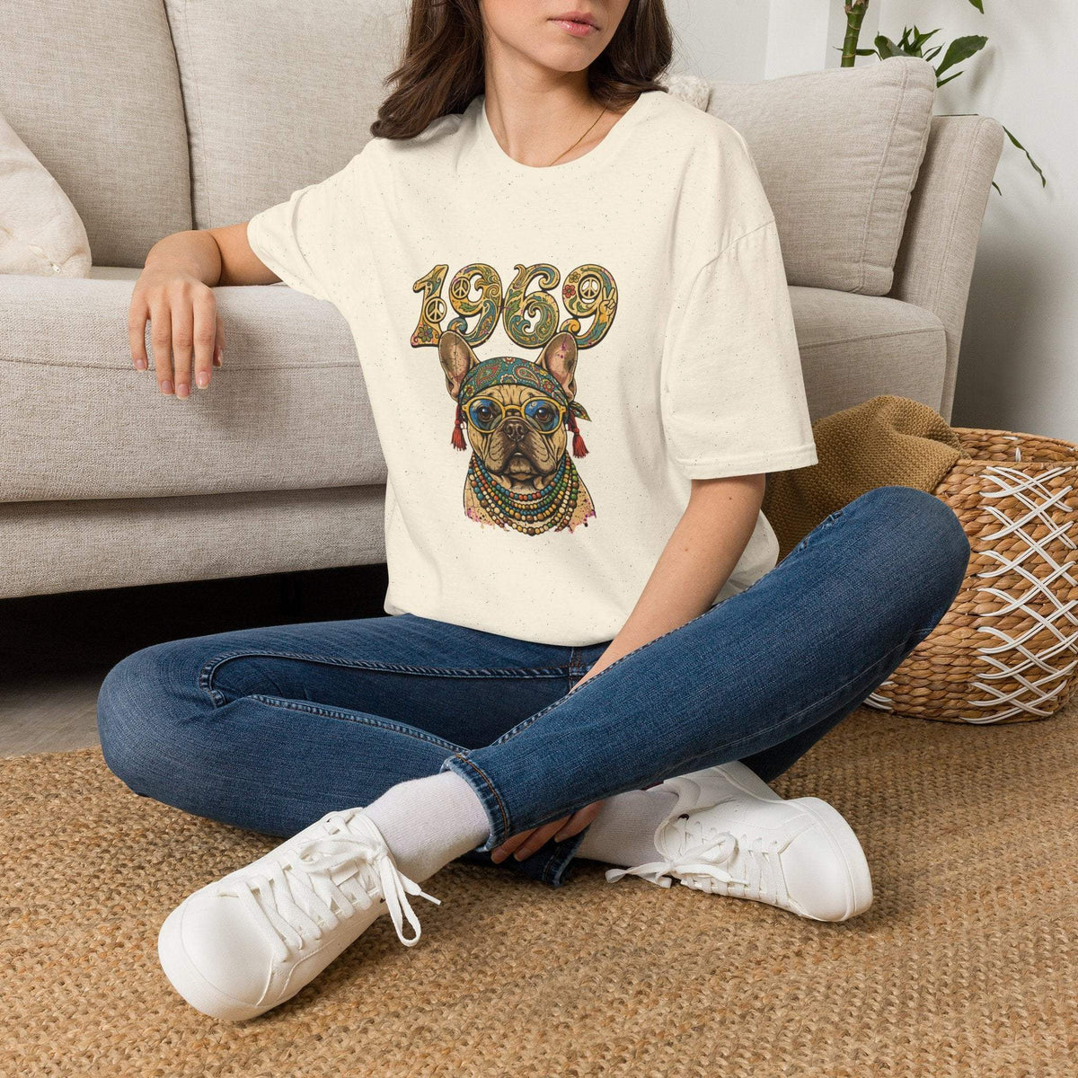 1969 hippie French bulldog shirt with retro art and peace signs