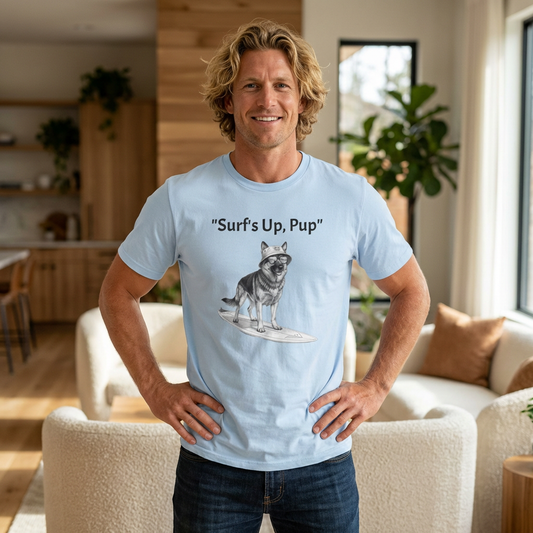Surfing Dog T-Shirt — Playful Surf's Up, Pup Tee for Coastal Vibes