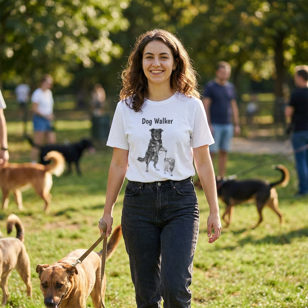 Dog Walker T‑Shirt – Cute Black & White Dog Illustration Tee