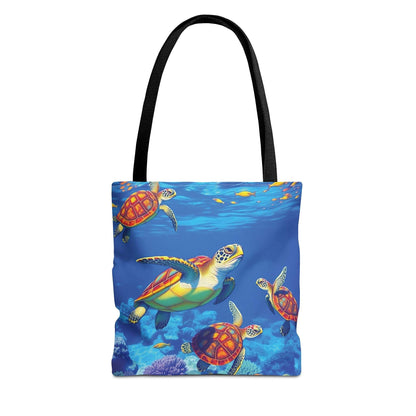 Colorful underwater turtle design on ocean life tote bag.