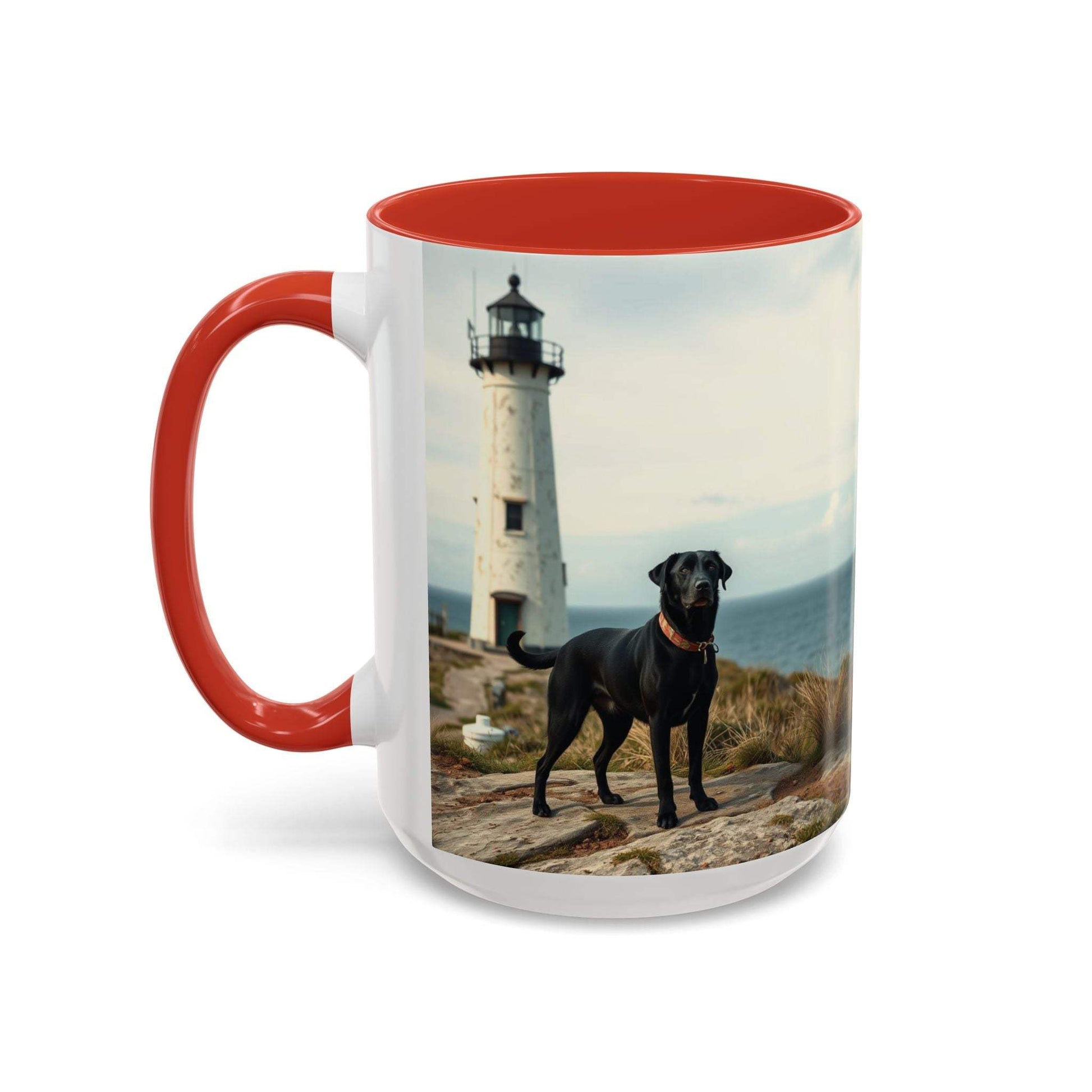 Ocean-themed coffee mug with lighthouse and dog design, red interior and handle.