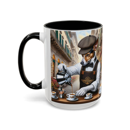 Artistic Dog Barista Coffee Mug with unique 11oz and 15oz design, showcasing a dog pouring coffee.