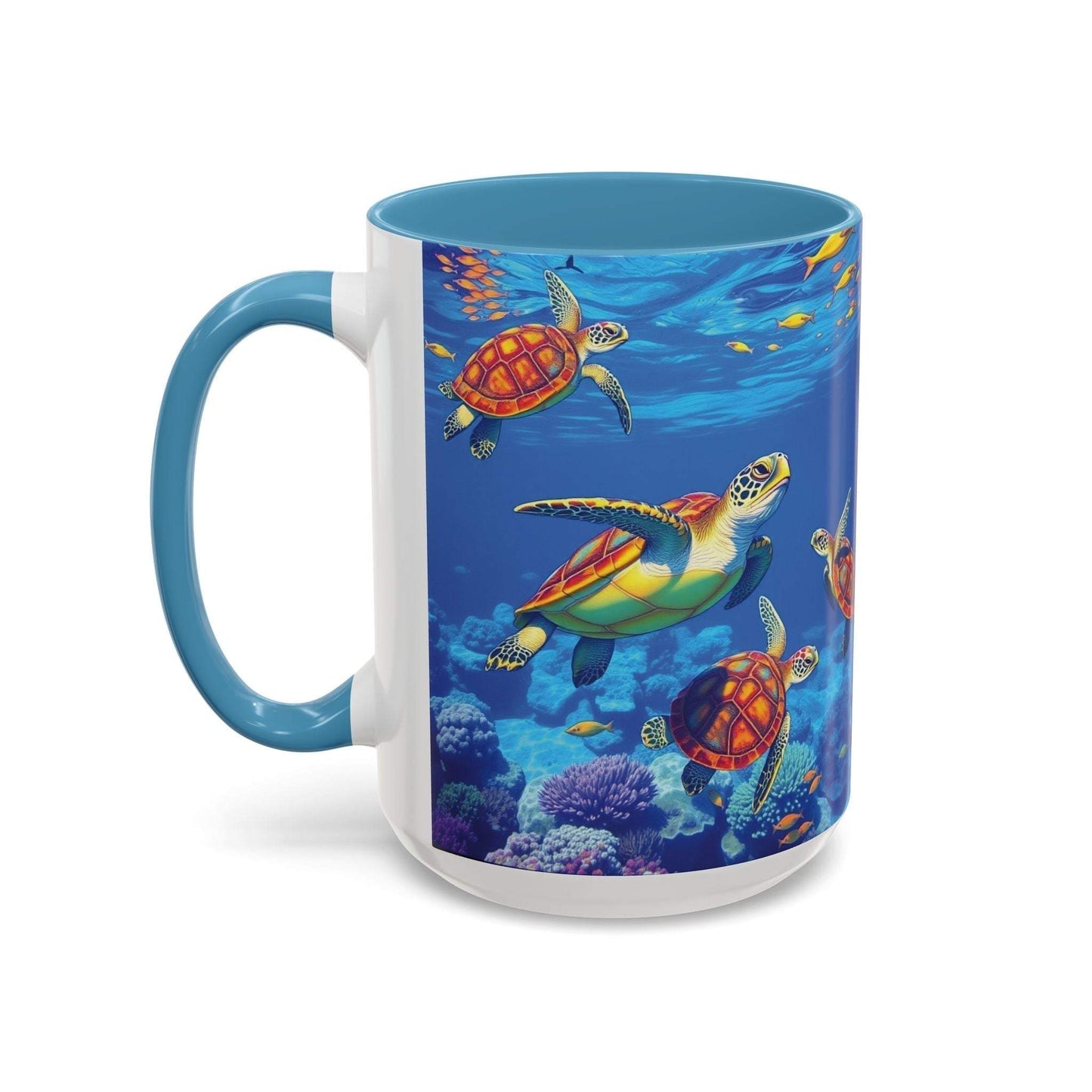 Colorful coffee mug with sea turtle design, ocean decor for nature lovers.