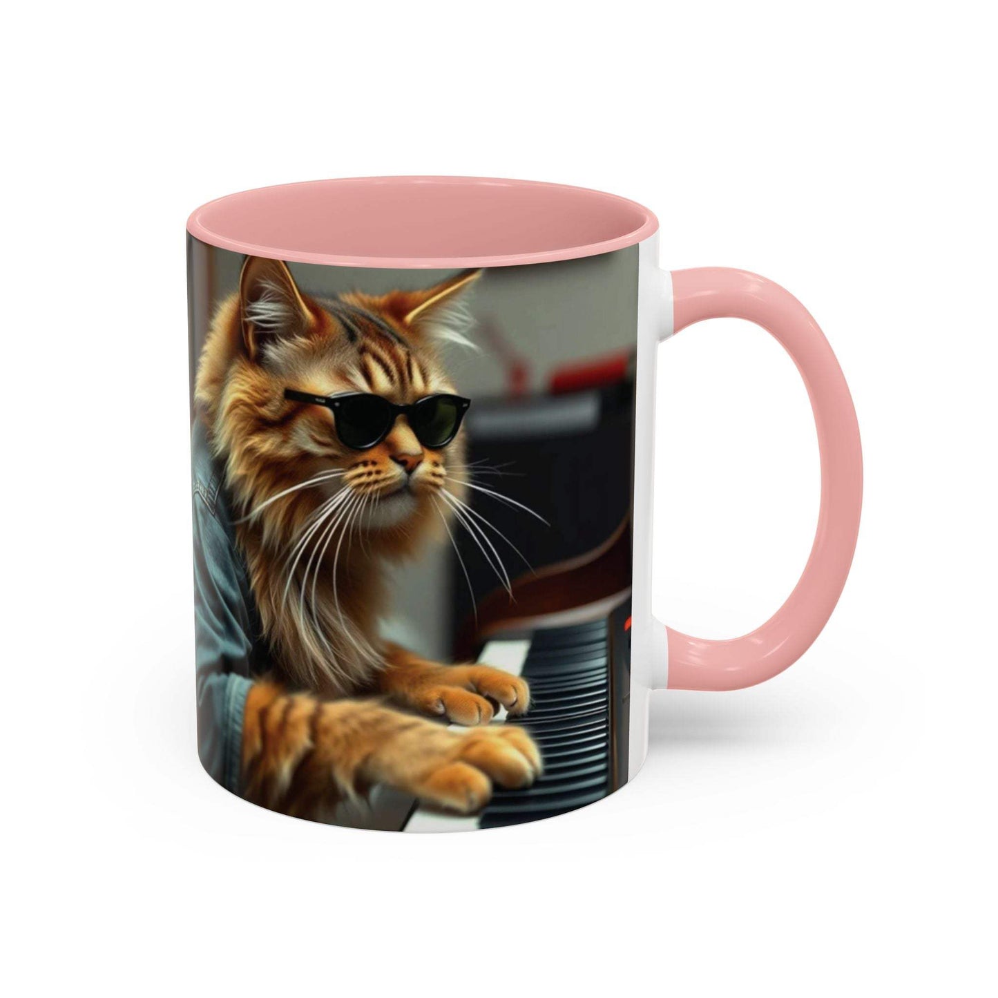 Cool Cat Musician Coffee Mug with sunglasses cat playing piano, pink handle and interior.
