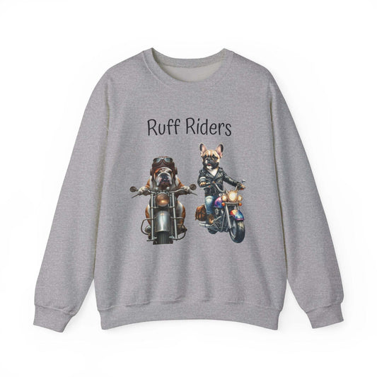 Unisex Ruff Riders sweatshirt with playful dog graphic on motorcycles.
