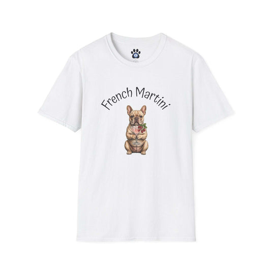 Black and white French Bulldog Martini T-Shirt by Skylaki with hand-drawn sketch and arched text on soft cotton fabric