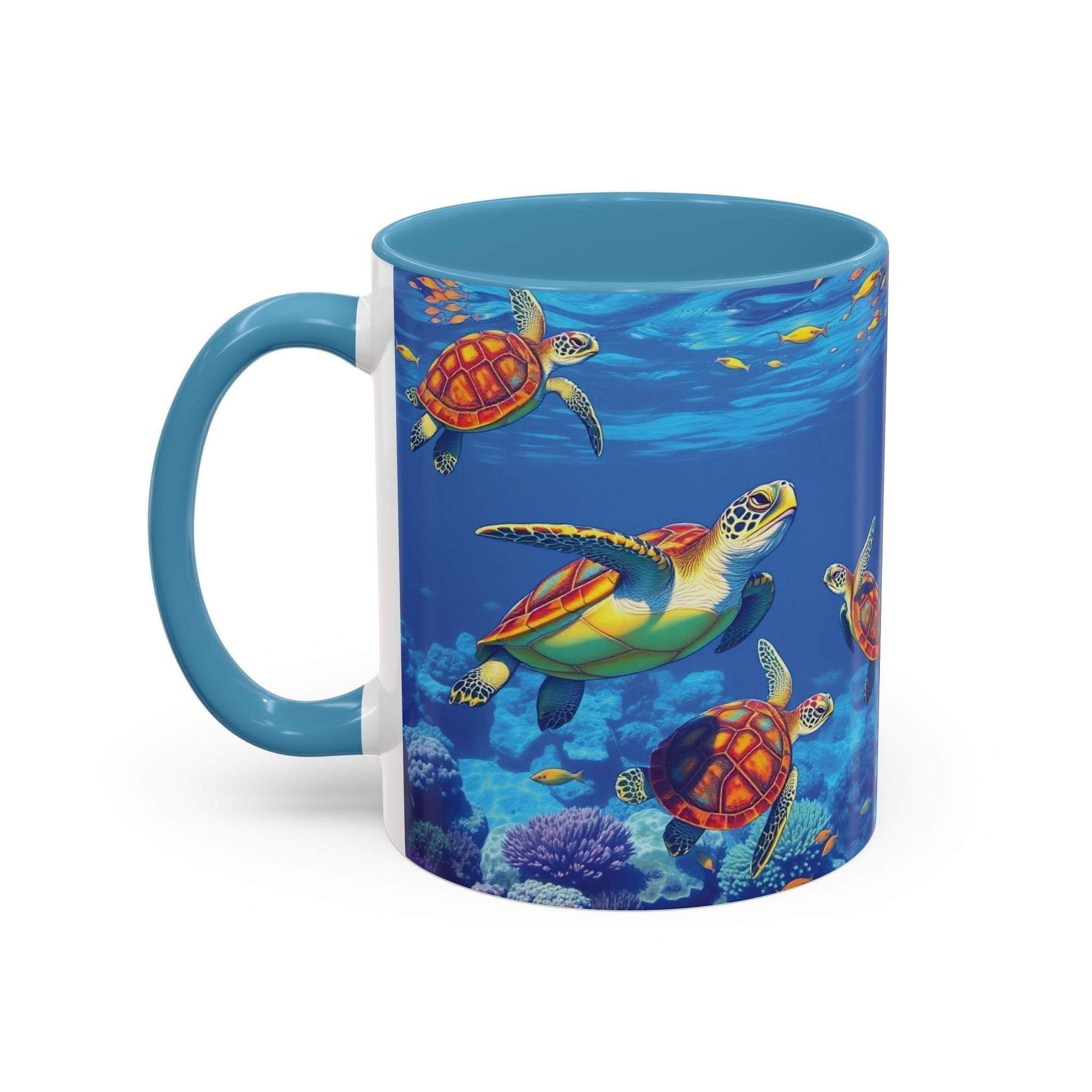 Colorful coffee mug with sea turtle design, ocean decor for nature lovers.
