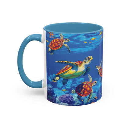 Colorful coffee mug with sea turtle design, ocean decor for nature lovers.