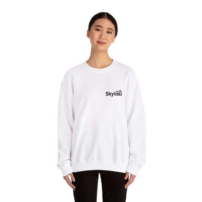 Unisex Heavy Blend™ Crewneck Sweatshirt in white, modeled, showcasing cozy comfort and stylish design for everyday wear.