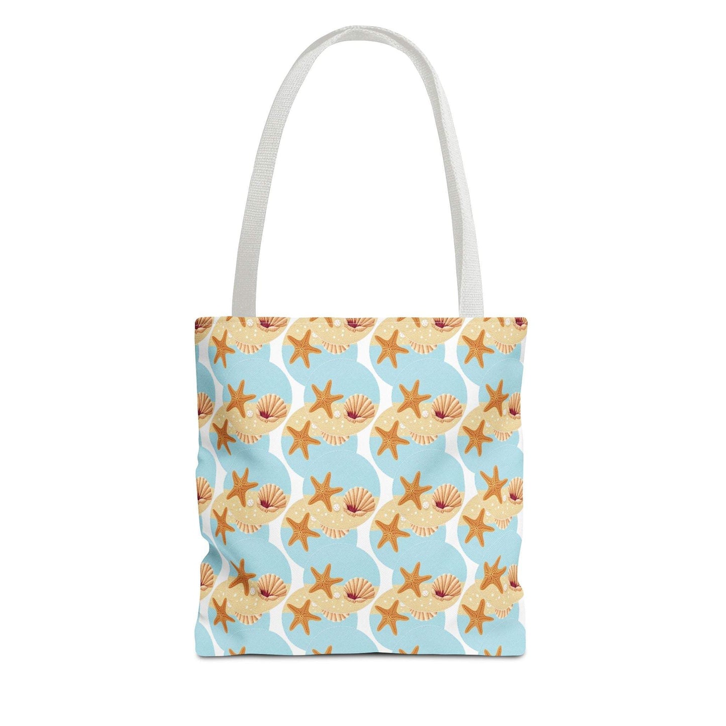 Seashell and starfish beach tote bag with coastal pattern for summer outings.