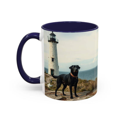 Coastal vibe coffee mug featuring a lighthouse and dog, ocean-themed design with a vibrant colored interior and handle.