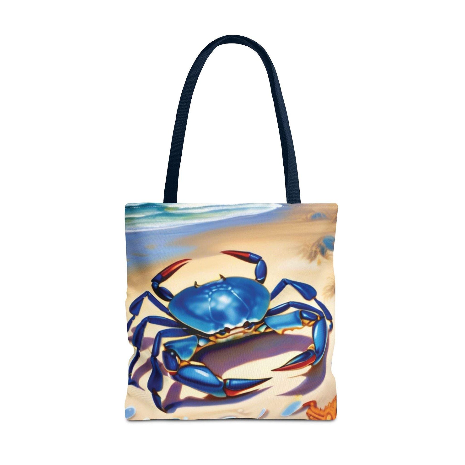 Ocean-inspired beach bag tote with a vibrant blue crab and starfish design.