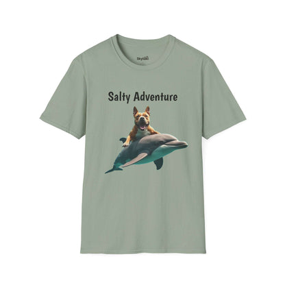 Fun Beach Life Salty Adventure T-Shirt featuring a playful graphic of a dog on a dolphin, unisex softstyle for casual outings and beach trips.