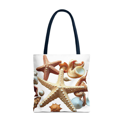 Beach tote bag with seashell and starfish design, durable polyester, ideal for carrying summer essentials.