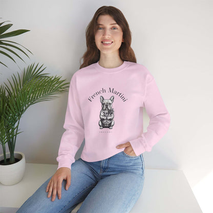 Unisex sweatshirt featuring hand-drawn black-and-white French Bulldog holding a martini with "French Martini" script, cozy 50/50 cotton-poly blend, ribbed collar, and smooth tubular knit design