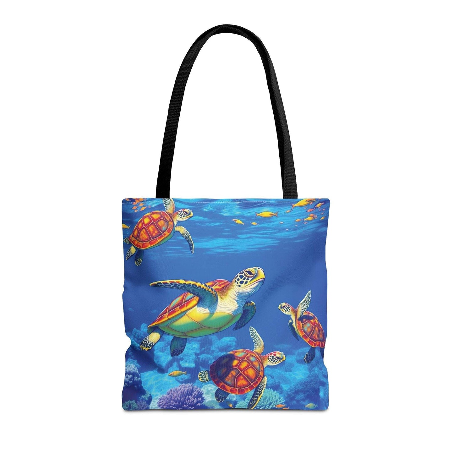 Colorful underwater turtle design tote bag featuring vibrant ocean life.