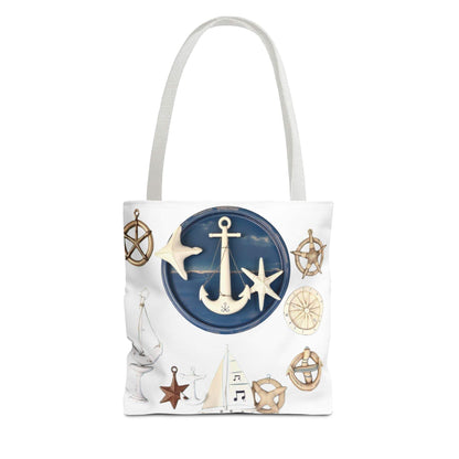 Nautical tote bag with anchor and star motif, durable polyester, perfect for beach and everyday use.