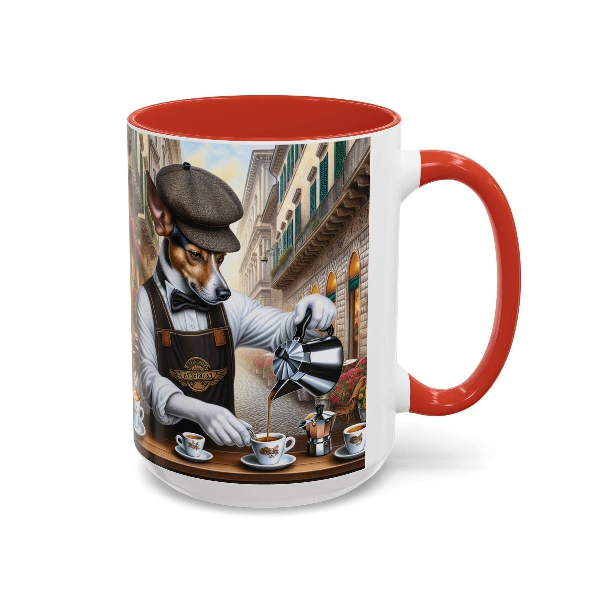 Artistic Dog Barista Coffee Mug with colorful design, available in 11oz and 15oz for dog lovers.