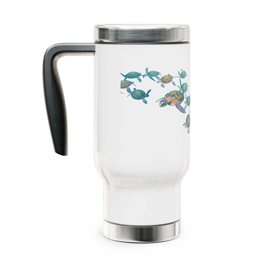 Stainless steel travel mug with handle, glossy white enamel finish, 14oz capacity.