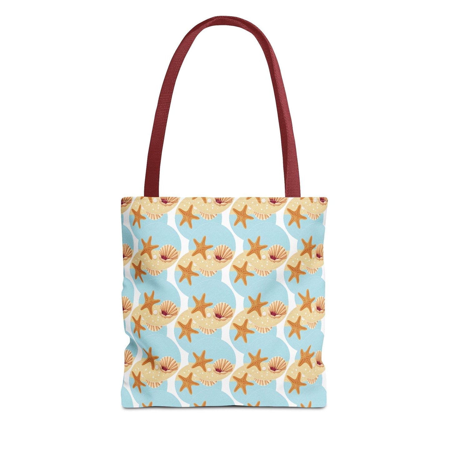 Seashell & Starfish Beach Tote Bag with coastal pattern and maroon handles.