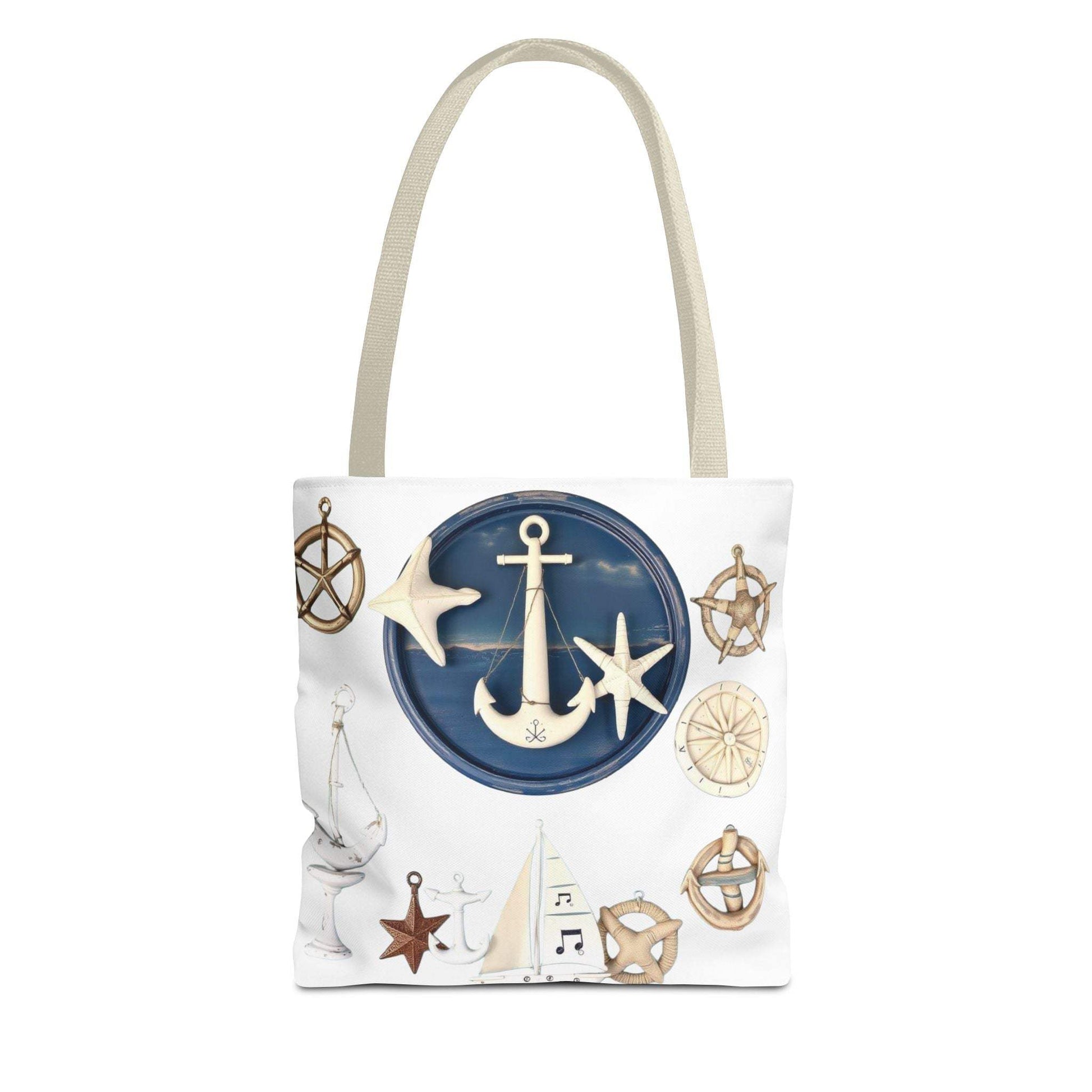 Nautical tote bag with anchor and star motif, polyester, durable, coastal design.