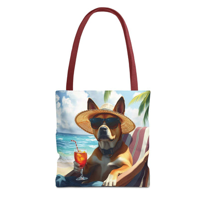Dog tote bag with summer beach vibes featuring a relaxed dog sipping a drink, perfect for beach outings and picnics.