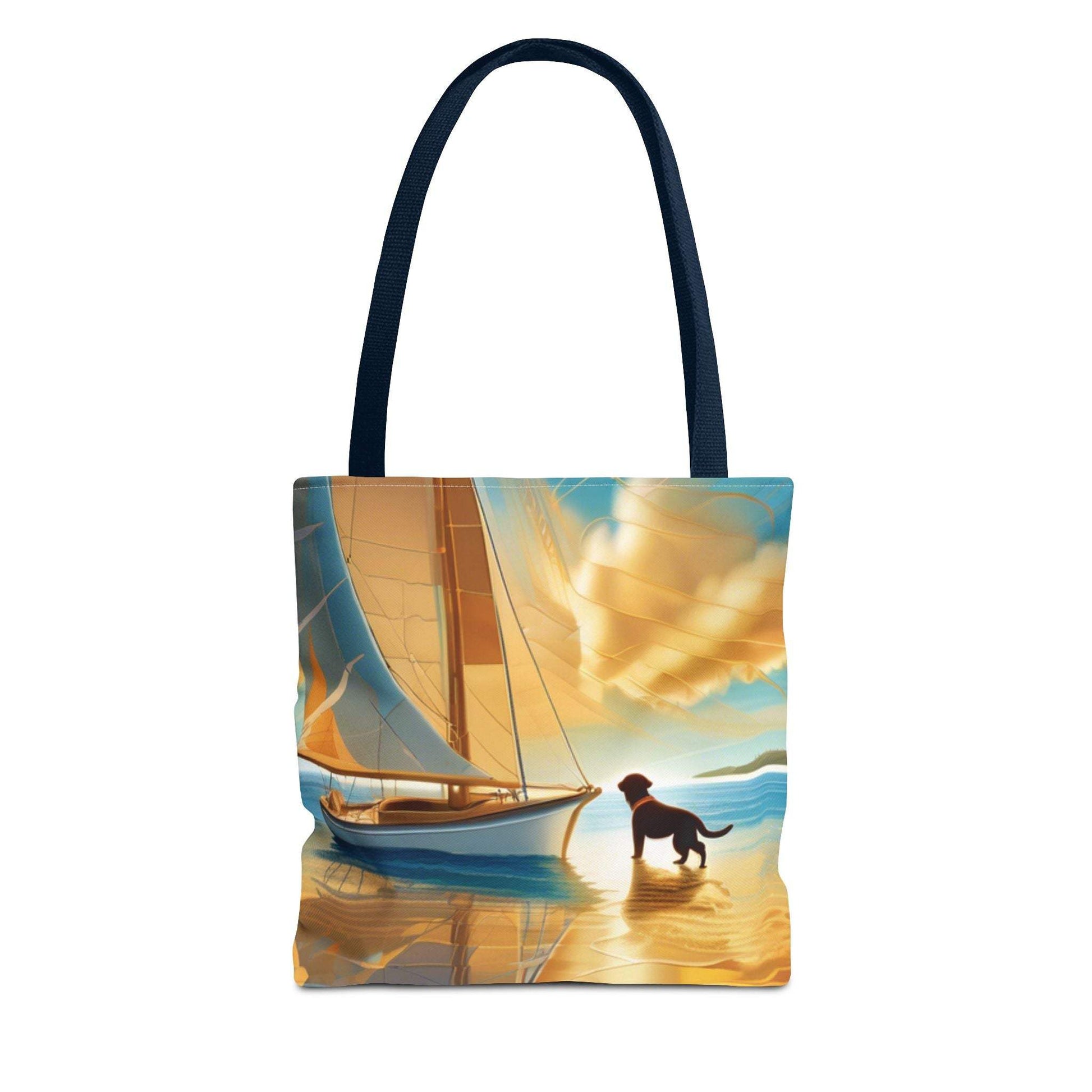 Tote Bag with Sailing Adventure Scene, Ideal for Dog Lovers and Nature Enthusiasts.