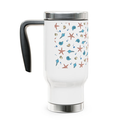 Beach themed stainless steel coffee mug with handle, 14oz capacity.