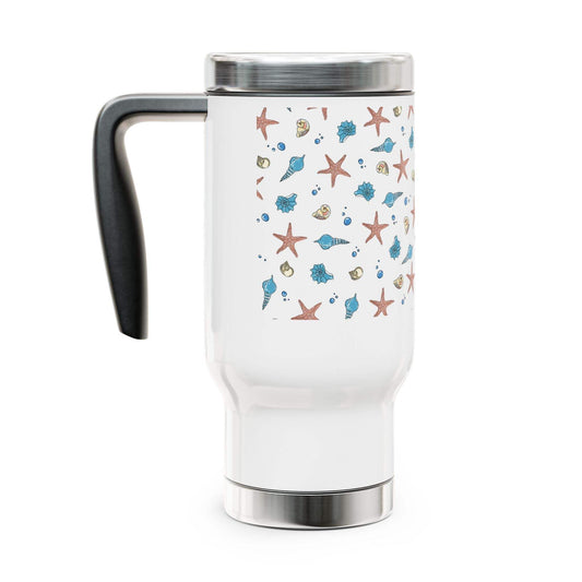 Beach-themed 14oz stainless steel coffee mug with handle, glossy white enamel finish.