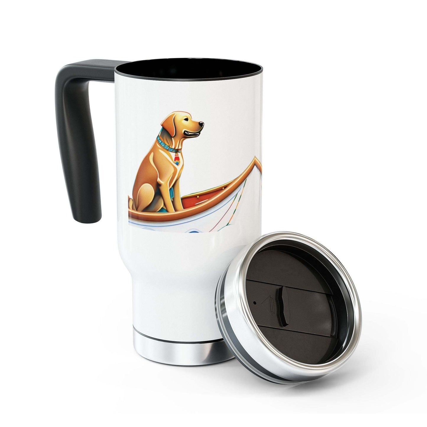 Stainless steel travel mug with handle and dog design, 14oz, glossy white enamel finish.