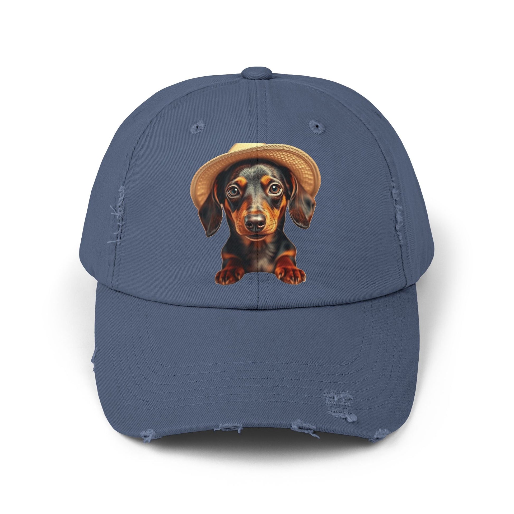 Distressed baseball cap with Dachshund design, vintage look.