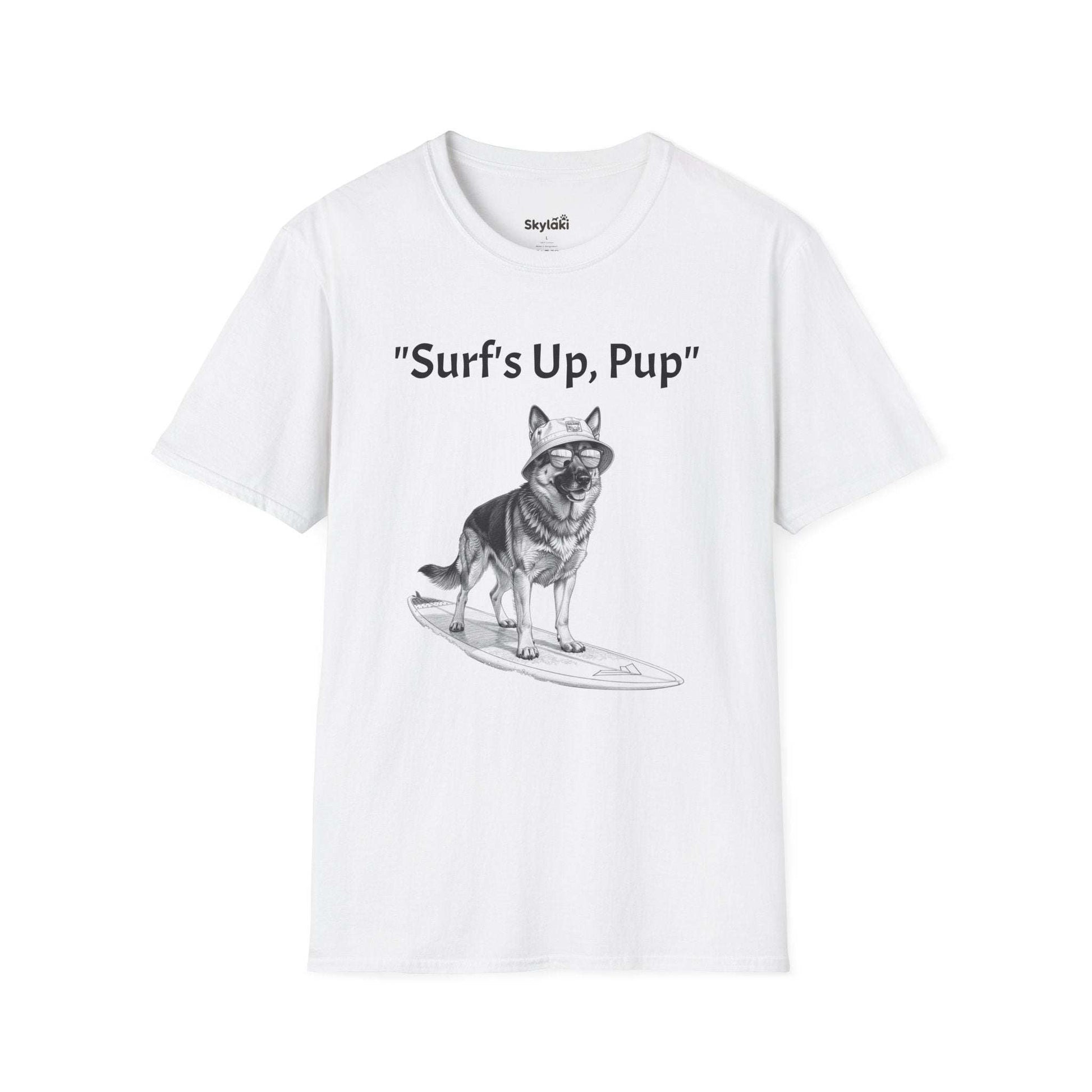 Surfing Dog T-Shirt — Playful Surf's Up, Pup Tee for Coastal Vibes