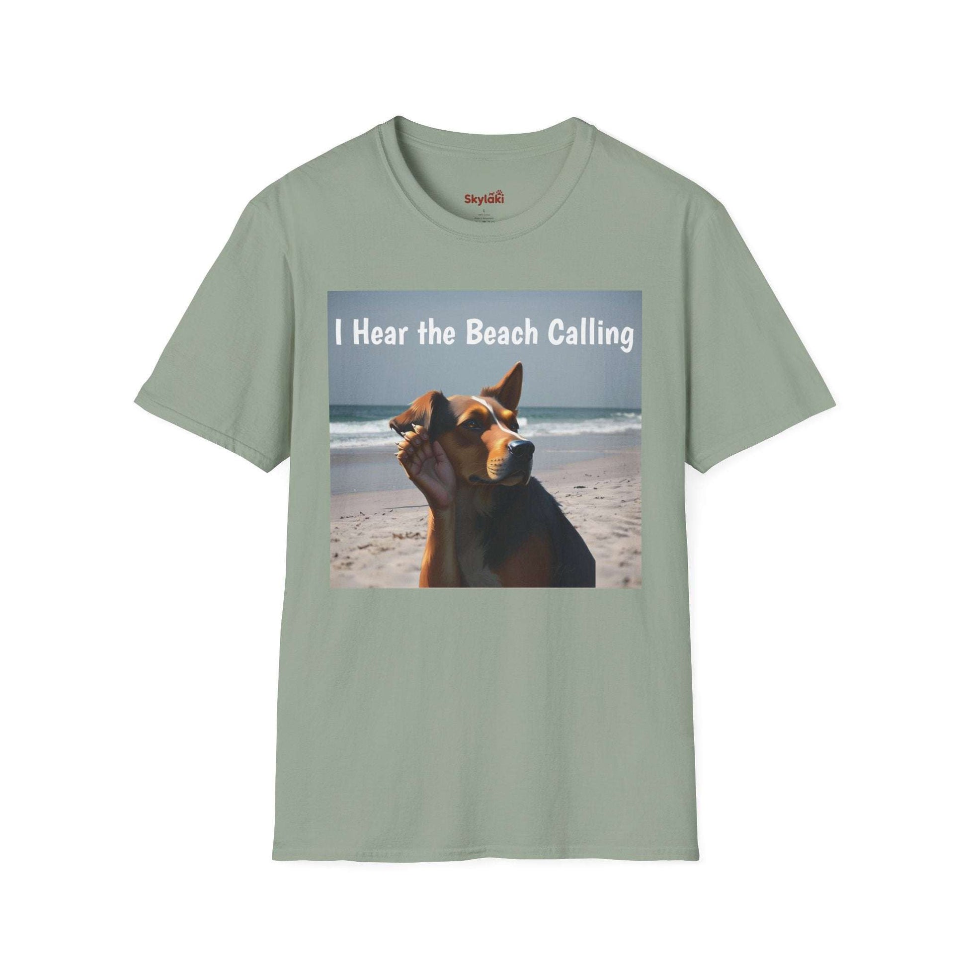 Dog Lovers Unisex Softstyle T-Shirt with "I Hear the Beach Calling" design featuring a dog on a beach.
