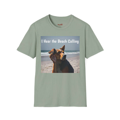 Dog Lovers Unisex Softstyle T-Shirt with "I Hear the Beach Calling" design featuring a dog on a beach.