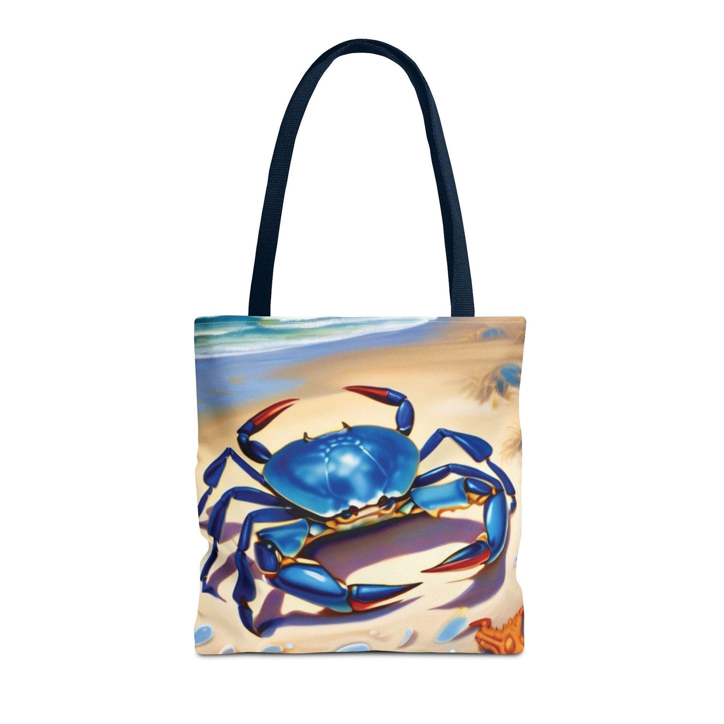 Ocean-inspired beach bag tote with blue crab and starfish design.