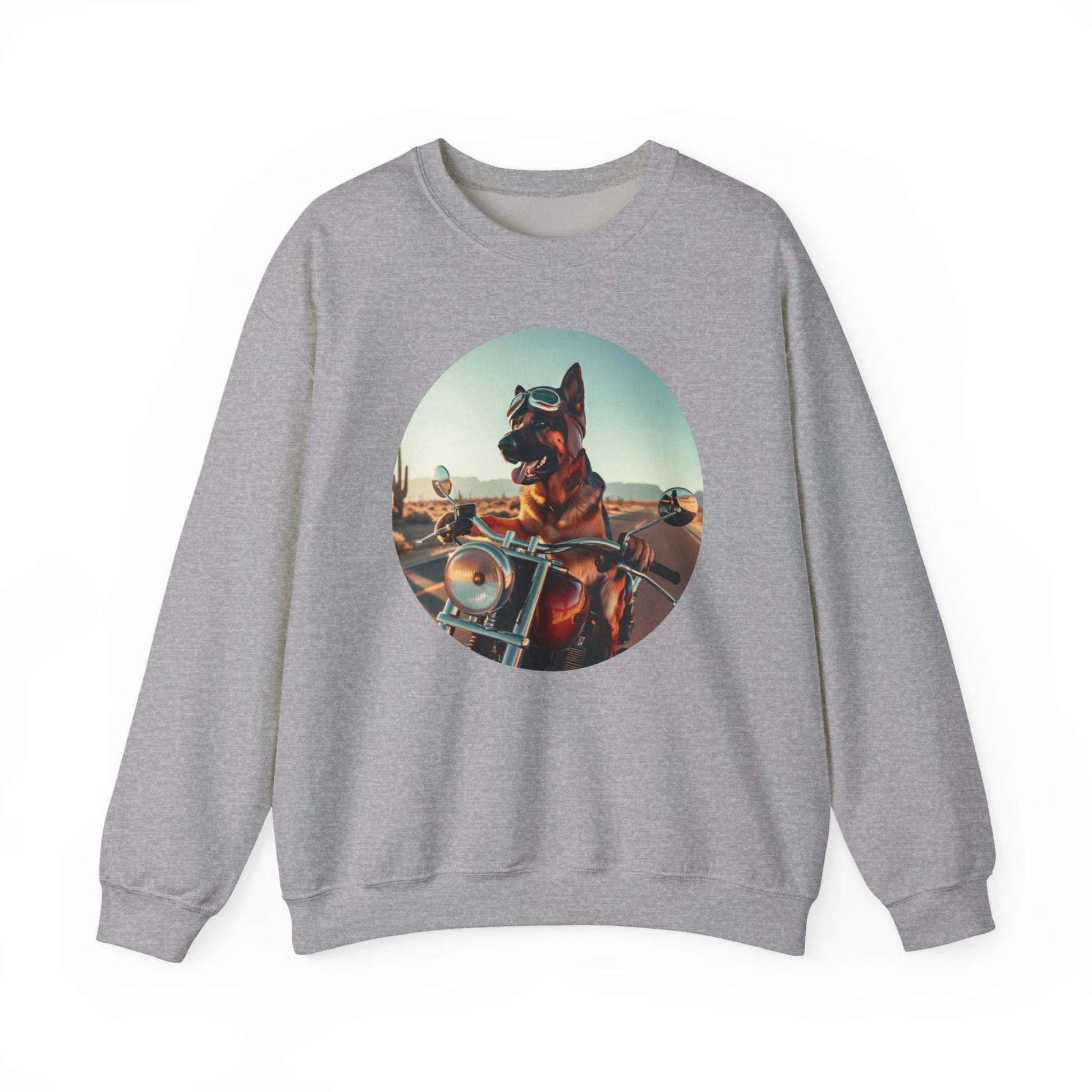 Crewneck Sweatshirt — 'Ride or Fetch' Motorcycle Dog Graphic