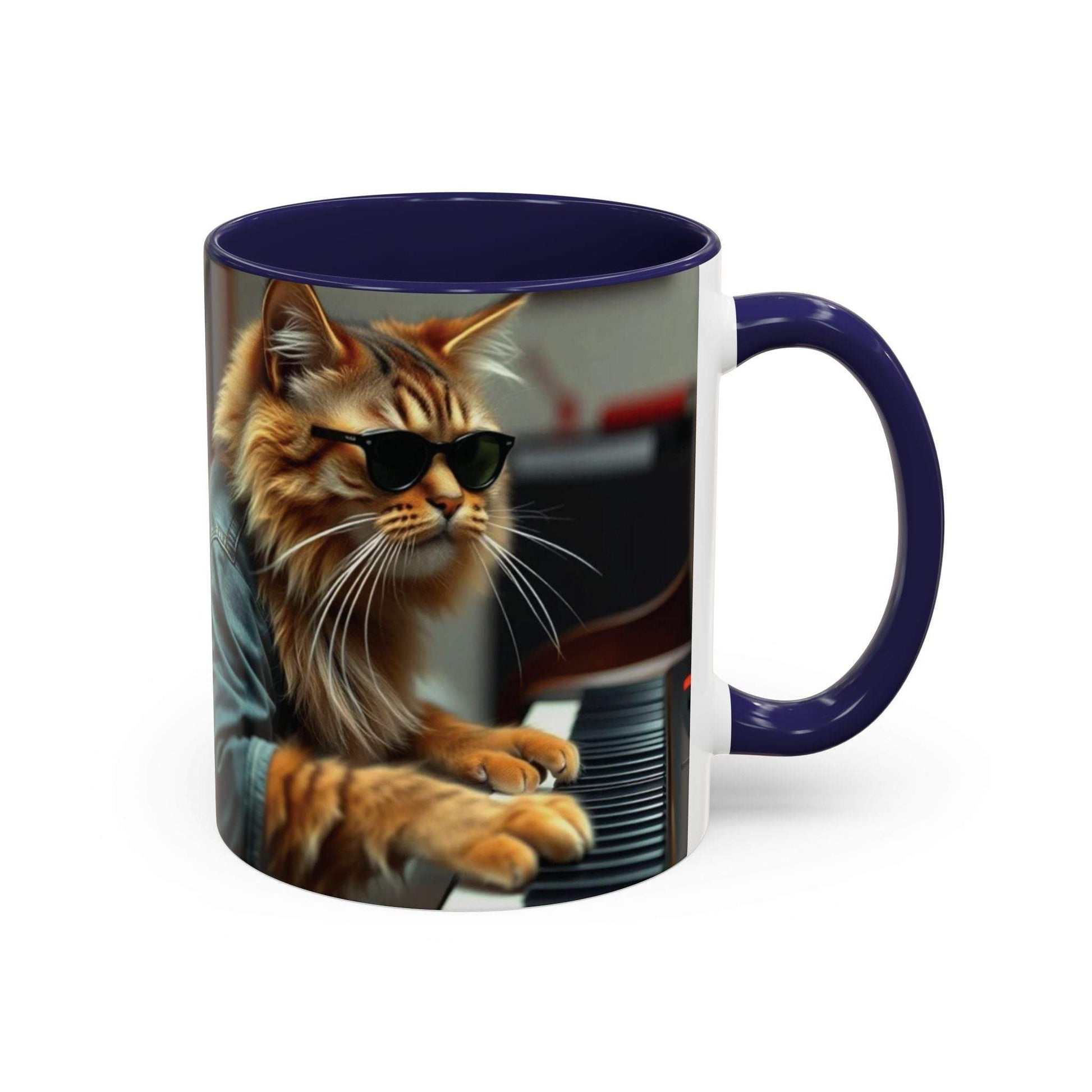 Cool Cat Musician Coffee Mug featuring a cat in sunglasses playing piano, perfect gift for cat lovers.