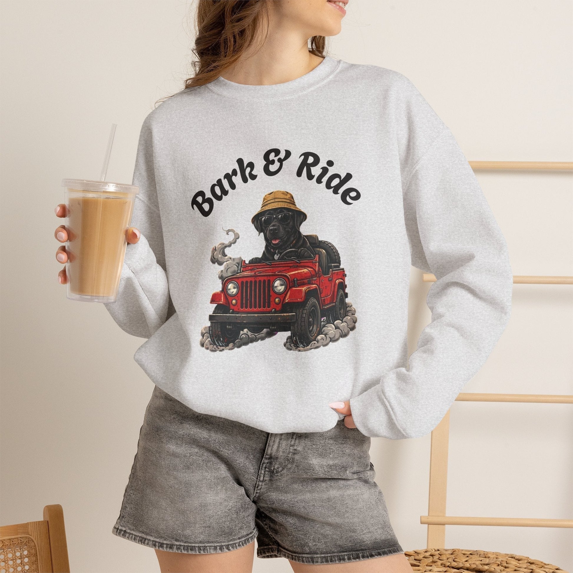 Crewneck sweatshirt with playful black lab dog driving red jeep graphic and straw hat