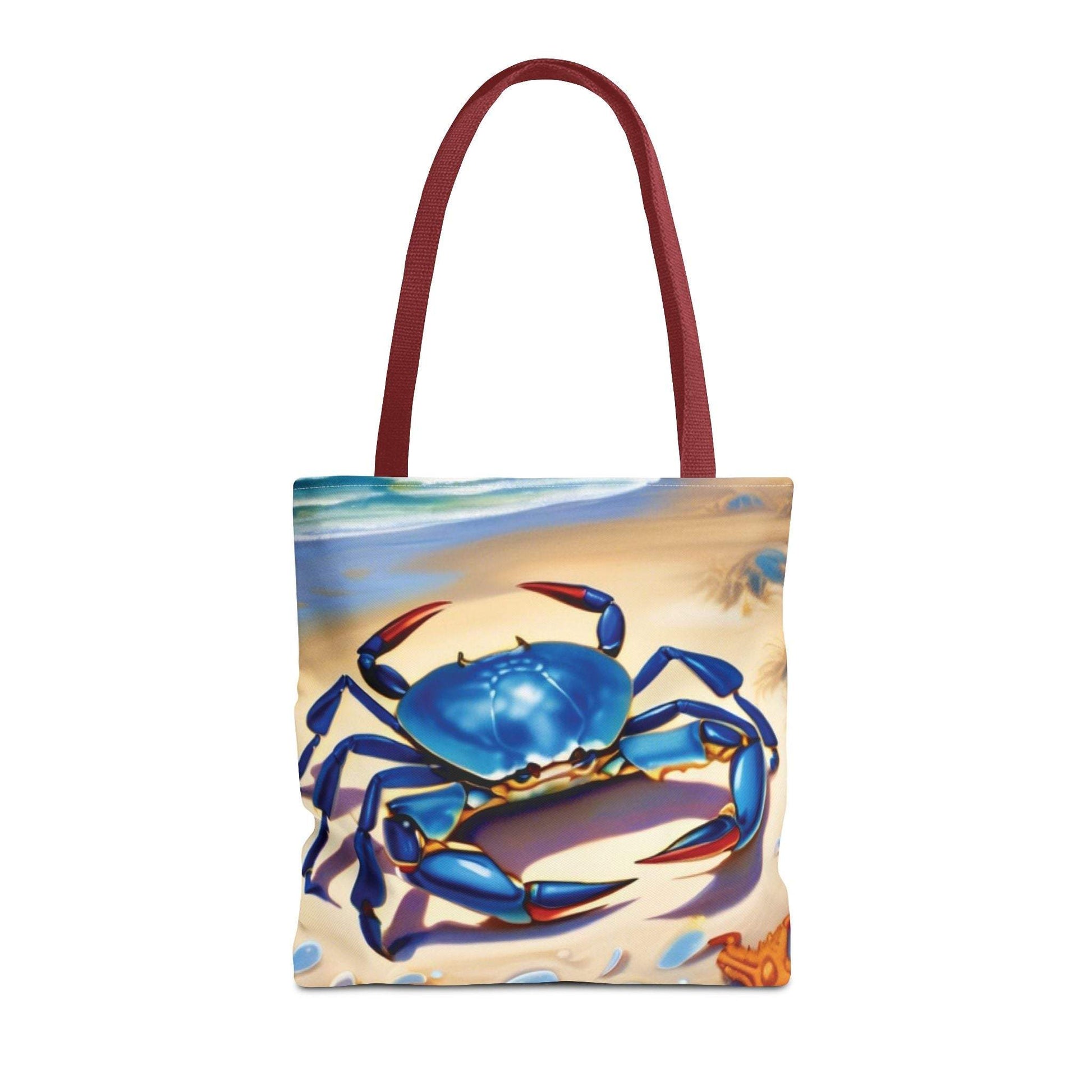 Ocean-inspired beach bag tote with blue crab and starfish design, ideal for coastal adventures and everyday use.