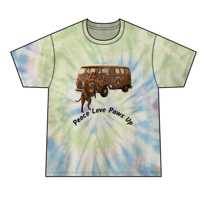 Peace Love Paws Up Tie-Dye Tee carefree vibe to everyday wear.