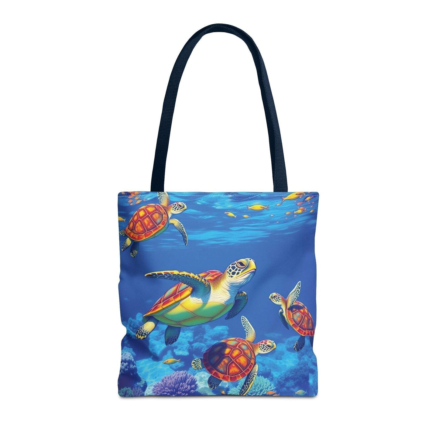Colorful ocean turtle tote bag with underwater design.