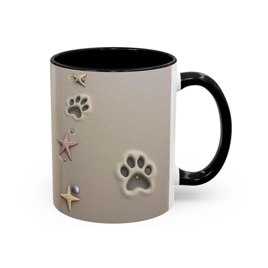Nautical coffee mug with starfish and paw prints, perfect for beach lovers and animal enthusiasts.