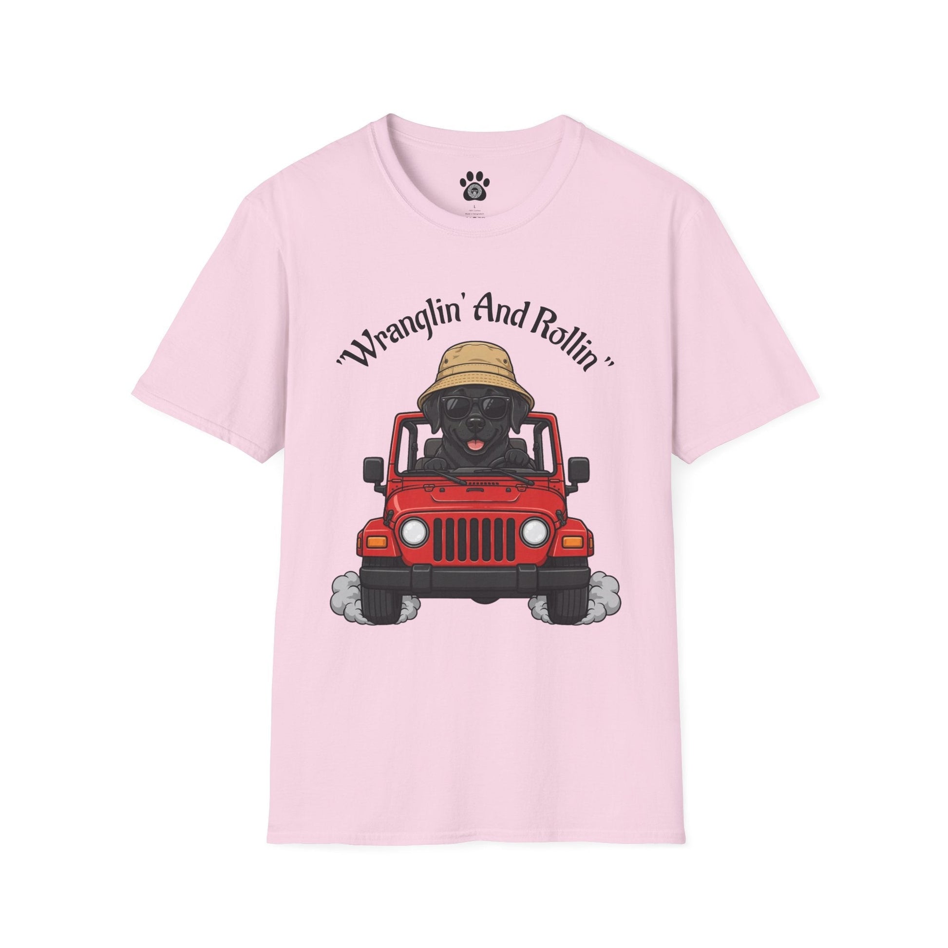 Unisex dog T-shirt with playful "Wranglin' And Rollin'" road-trip graphic on soft cotton fabric