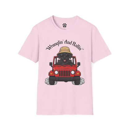 Unisex dog T-shirt with playful "Wranglin' And Rollin'" road-trip graphic on soft cotton fabric
