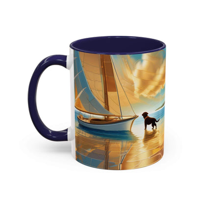Serene Sunset Dog Lover's Mug featuring vibrant colors and dog artwork, available in 11oz and 15oz sizes.