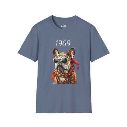  Vintage T shirt featuring a colorful 1969 retro French bulldog portrait with sunglasses on lightweight cotton tee