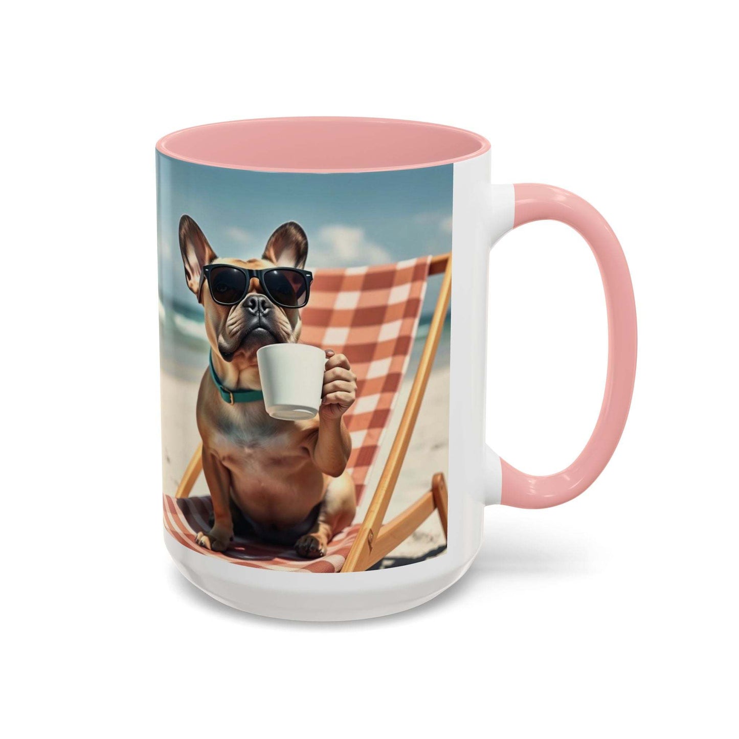Beach Dog Accent Coffee Mug with beach scene and dog design in bright colors, 11oz or 15oz, pet-friendly gift.